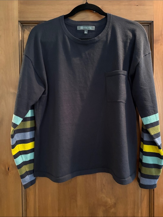 Title nine Sweaters - Title Nine Men's Navy Crewneck Sweater with Multicolor Striped Sleeves